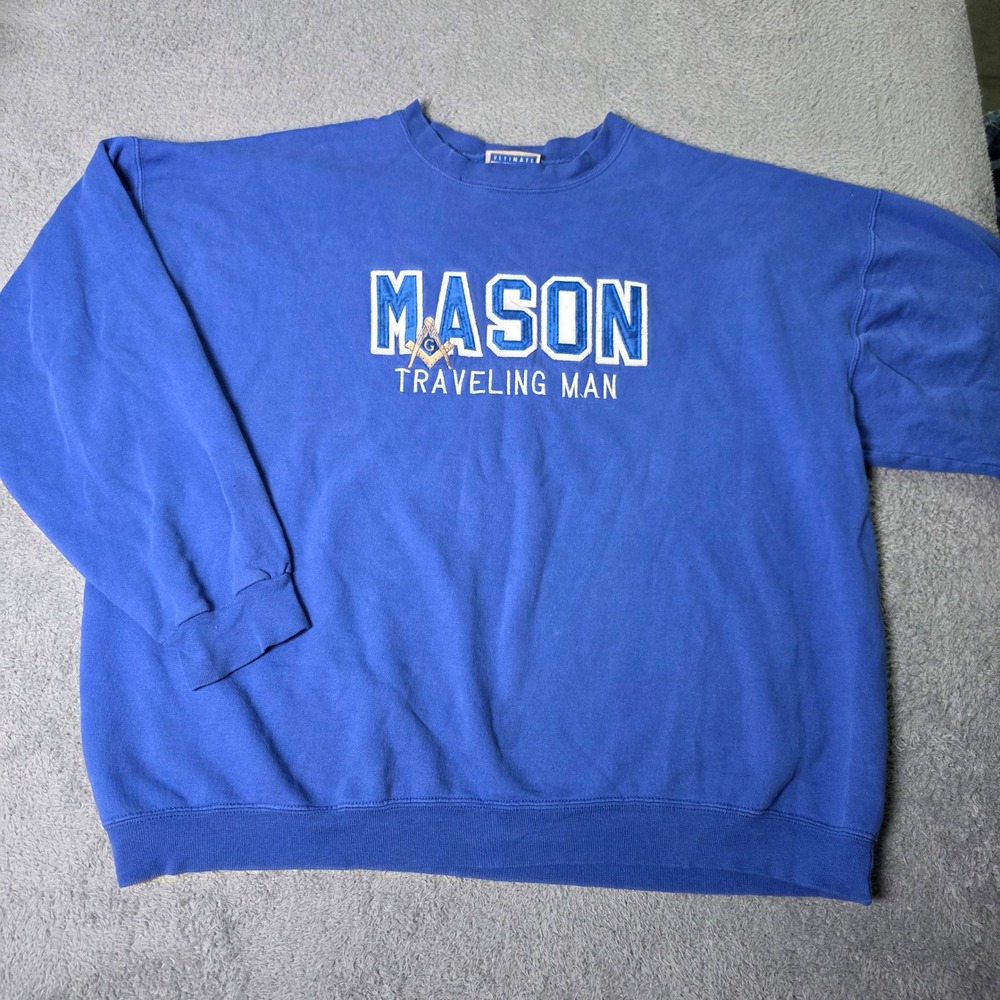 Hanes Mens XL Sweatshirt Blue Mason Traveling Man Embroidered Freemason Vintage